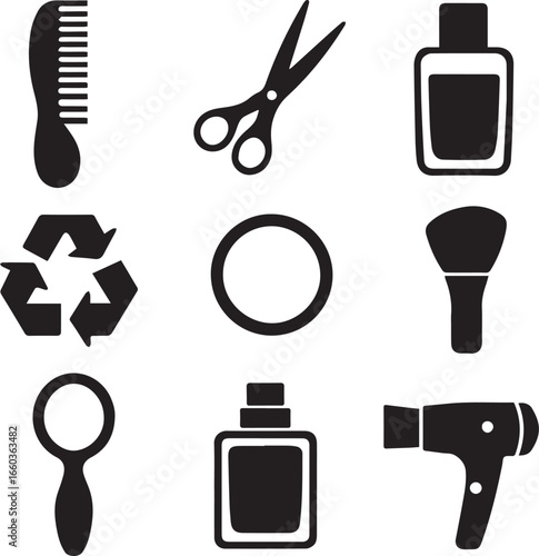 A collection of black silhouette icons representing beauty tools and salon equipment, including a comb, scissors, and hairdryer in a vector bundle.