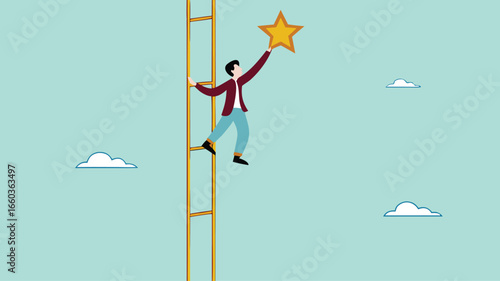 success ladder to reach goal and target, climb up ladder to get new hope, journey to achieve hope of success in business, hope of career development progress, businessman climb ladder to get gold star