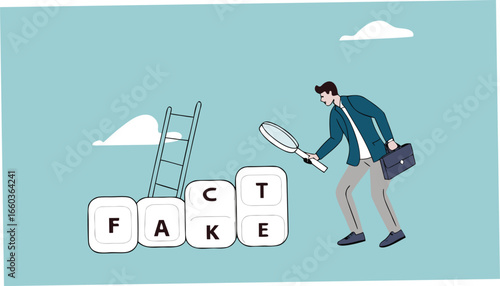 analyze fake or fact, fact or fake concept, Misinformation spread by the tricks of brains, businessman analyzes the cube with the words fact and fake using a magnifying glass

