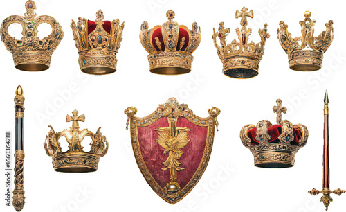 Assortment of royal crowns shields and scepters in gold and red ornate jewel
