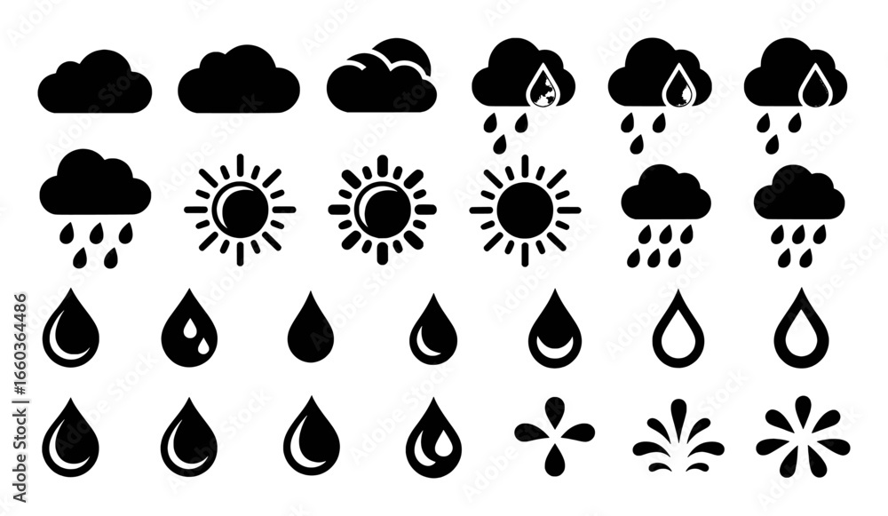 Fototapeta premium Collection of Weather Icons: Sun, Clouds, Rain, and Water Drops