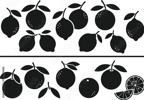 Lemon and Lime Fruits: Set of Citrus Fruit Silhouettes with Leaves and Slices, Black and White Flat Vector Illustrations for Food, Drink, and Health.