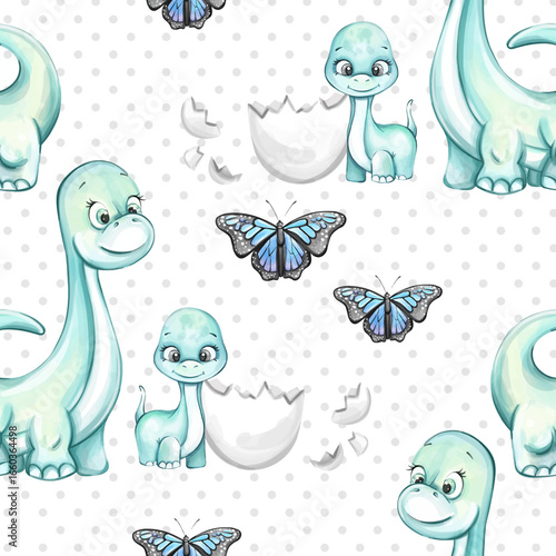 Whimsical seamless pattern featuring cute dinosaurs and butterflies against a dotted background suitable for wallpaper and textile design
