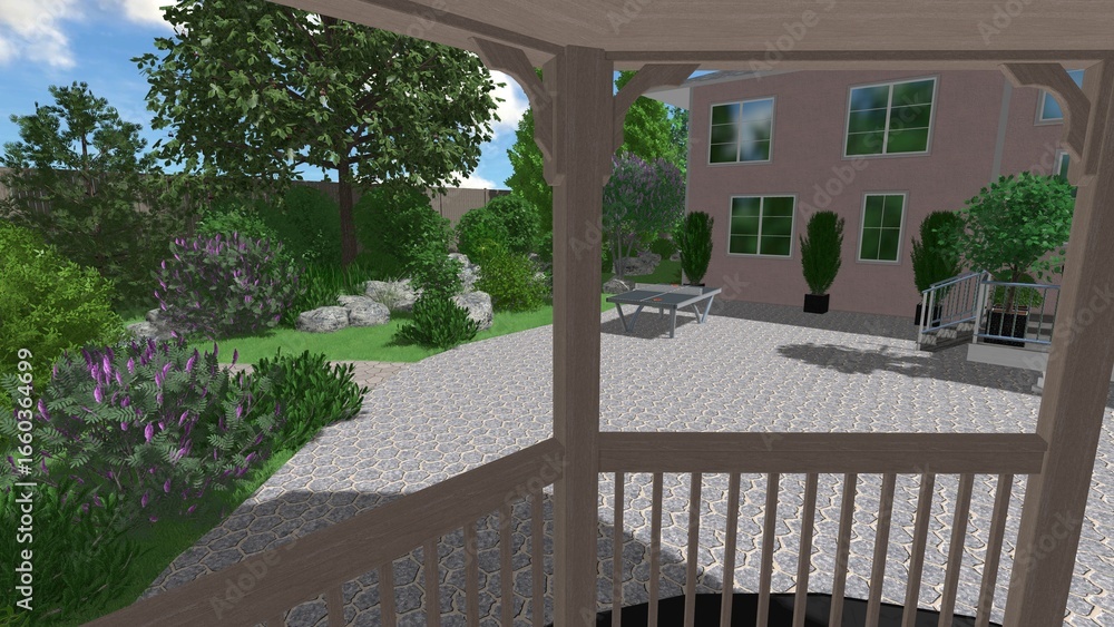 Naklejka premium 3d image of the landscape design of the home territory. Landscaping of the territory. Computer visualization of composite landscaping and landscaping solutions.