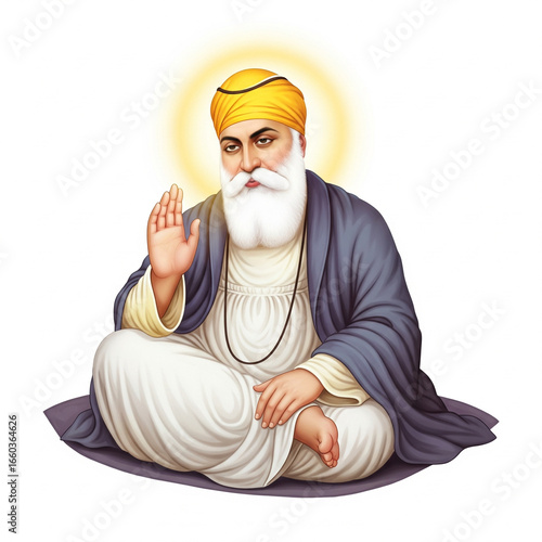 realistic portrait of guru nanak dev ji with divine aura isolated on white background