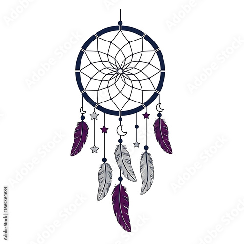Intricate dreamcatcher illustration with celestial elements and dangling feathers creating an aura of tranquility and ethereal artistry adorning spaces