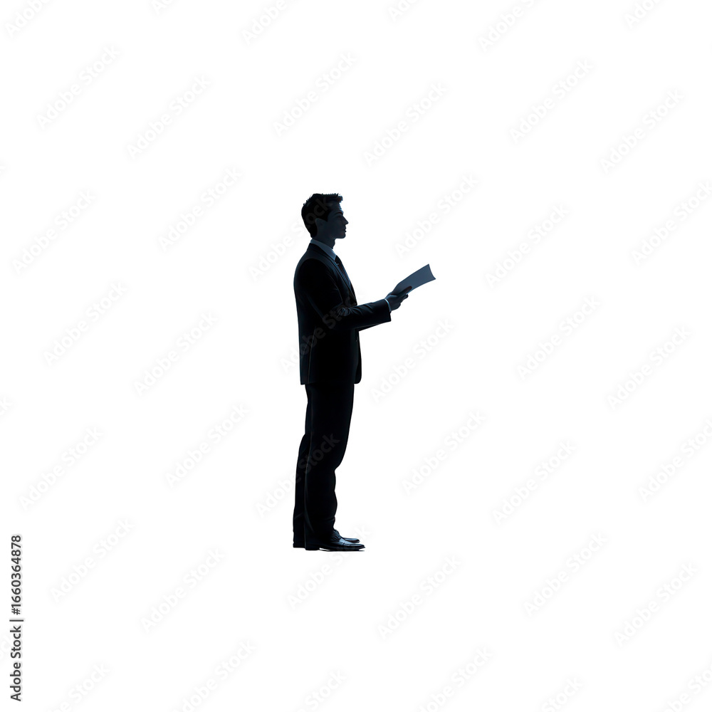 Businessman Reviewing Documents in Low Light Silhouette Businessman Reviewing Documents in Low Light Silhouette