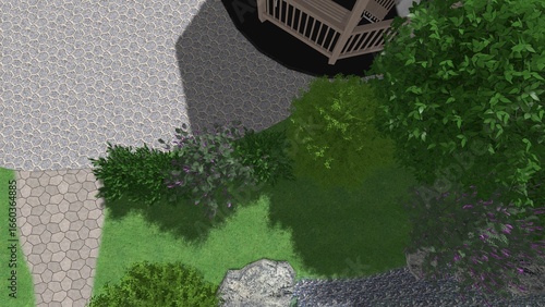 3d image of the landscape design of the home territory. Landscaping of the territory. Computer visualization of composite landscaping and landscaping solutions.