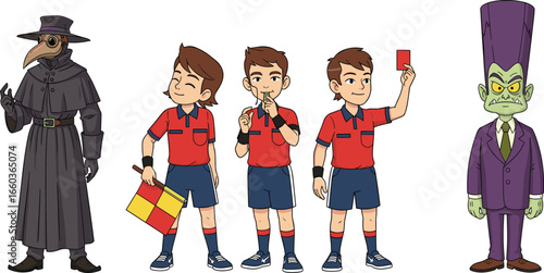 Cartoon character lineup, plague doctor illustration, soccer referee actions, villain mascot vector, quirky costume design, sports and fantasy clipart