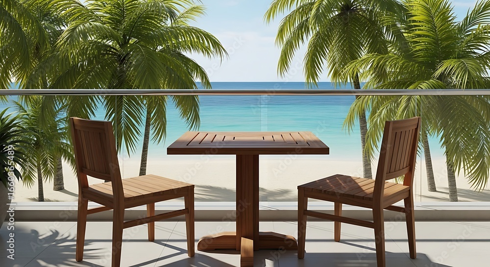 Fototapeta premium Balcony view of a tropical beach with palm trees and clear blue ocean