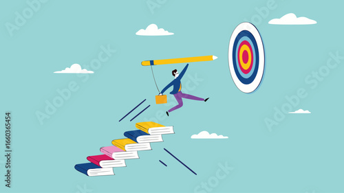 achieving education goals, strategies for achieving success with higher education, courses or skills development, Businesspeople create ladders from books to target educational goals with pencil
