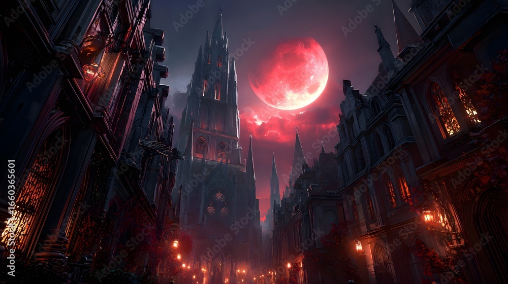 Naklejka premium Dark Fantasy City Under Blood Red Moon with Gothic Towers and Lantern Light perfect for book covers, video game concept art, horror film posters and dark fantasy storytelling visuals