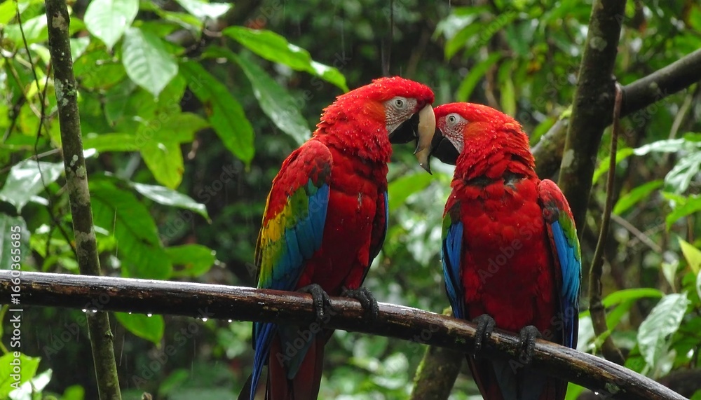 Obraz premium Two vibrant macaws on a branch in a lush rainforest
