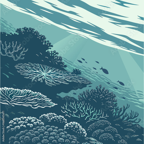 Underwater coral reef illustration with fish and sunlight shining through the water surface for marine life conservation projects