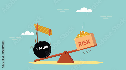 high risk high return business investment concept illustration, investor risk appetite in securities and investment asset to get high reward, The weight on seesaw creates a box of dollar prize money
