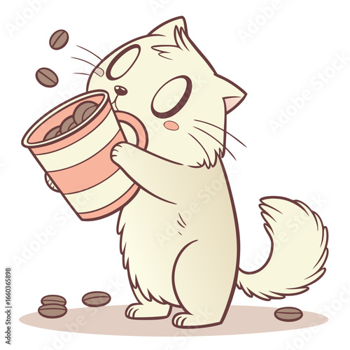 Cartoon cat enjoying a coffee break with coffee beans illustration for coffee lovers and cute animal designs perfect for branding