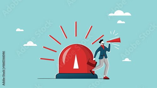state of emergency declaration, provide emergency information to others as a precaution, warning about danger concept, businessman with megaphone giving instructions about current state of emergency
