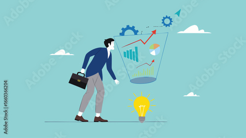 Data scientist, analyze data to produce recommendation and company decision support, analyze data for business insight, businessman analyzing lightbulb idea using magnifying glass for business insight