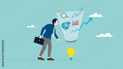 Data scientist, analyze data to produce recommendation and company decision support, analyze data for business insight, businessman analyzing lightbulb idea using magnifying glass for business insight