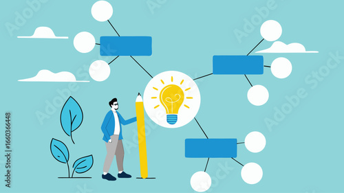 business idea description map, strategy or plan to solve business problems, decision making concept, businessman writing mind map diagram for easy understand concept vector illustration
