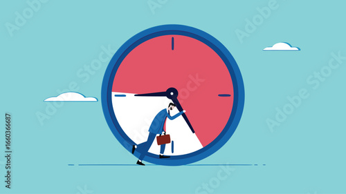 working 9 to 5 concept illustration, office work routine by working everyday, burnout or work life balance, overwork every day, businessmen employee who are tired of working beyond 9 to 5 work hours

