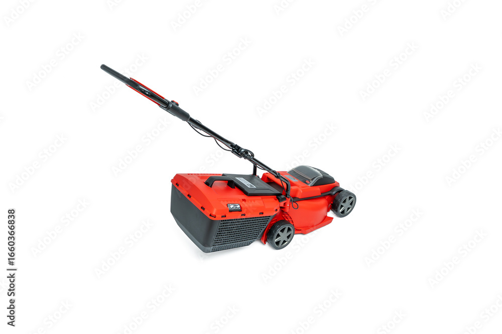 Fototapeta premium Lawn mower rear view. Rear view of a red cordless lawn mower with a large grass catcher isolated on a white background. Ergonomic handle for comfortable working.