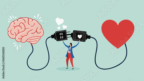 heart and brain connection, align your heart and brain, control feeling and emotion with logical thinking brain, man connect plug with heart to brain concept vector illustration with flat style design