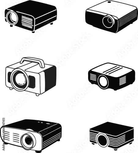 Vector artwork showcasing six different styles of digital video projectors Silhouette.