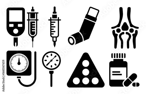Medical Icons: Blood Glucose Meter, Syringes, Inhaler, Elbow Joint, Blood Pressure Monitor, and Pills
