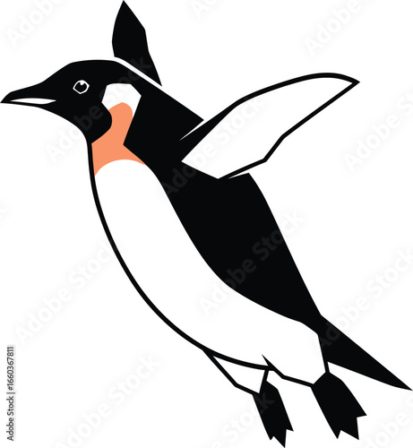 Happy penguin with orange neck feathers swimming or flying through the water, with its flippers spread, on a white background.