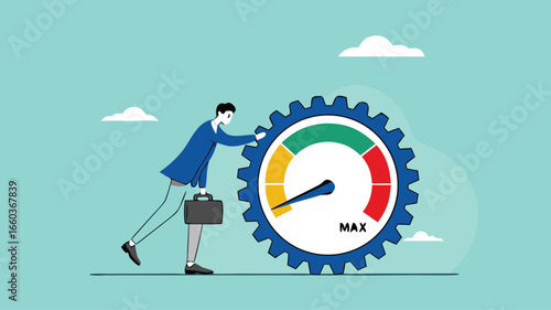 poor work performance concept illustration, laziness at work which prevents a business from developing or growing, sad businessman leaning on cogwheel gear with low productivity level meter
