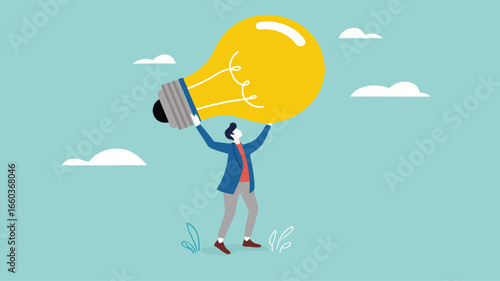 businessman bring big light bulb idea for new product idea or business opportunity, finding new idea, creativity or innovation to create new product, solution to solve problem or fix mistake concept

