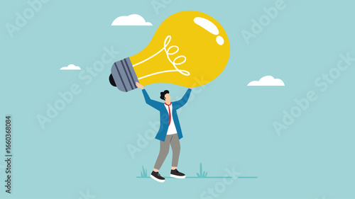businessman bring big light bulb idea for new product idea or business opportunity, finding new idea, creativity or innovation to create new product, solution to solve problem or fix mistake concept
