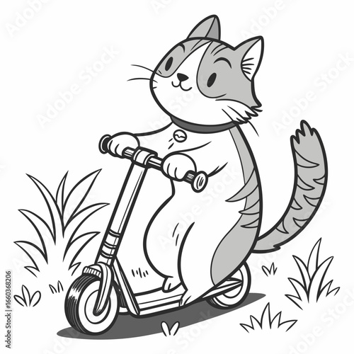 Cute cartoon cat riding a scooter through the grass illustration for children's book or fun animal themed design project 