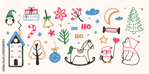 A set of winter holiday elements hand drawn with a grunge brush . Vector modern children's drawing in a doodle style.