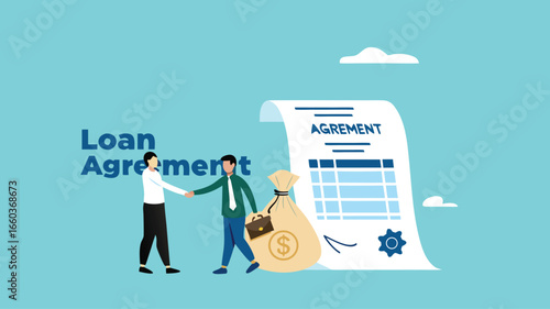loan agreement, proof of loan document, two businessmen shaking hands making a loan agreement with a bag of dollars and a loan agreement document concept vector illustration
