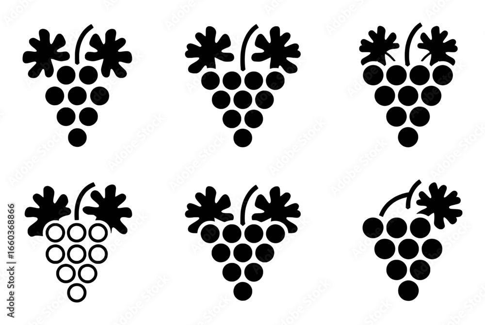 Fototapeta premium Six Stylized Grape Cluster Icons with Leaves on White Background
