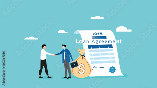 loan agreement, proof of loan document, two businessmen shaking hands making a loan agreement with a bag of dollars and a loan agreement document concept vector illustration
