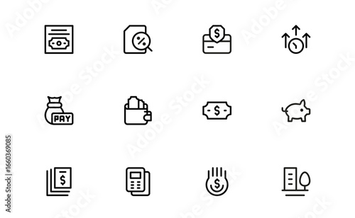 Financial Services Icon Set – Flat Linear Outline Vector Symbols of Credit, Loan, Mortgage, Bank, Card, House, Money, Contract, Modern Pack for Web, UI, and Infographic Projects
