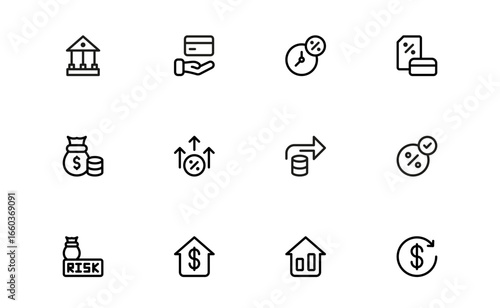 Banking and Credit Icons – Flat Linear Outline Vector Collection with Loan, Mortgage, Card, House, Contract, Finance, Money, Minimal Modern Pack for Apps, Web, and Infographics