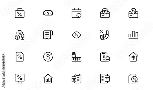 Credit Loan Mortgage Icons – Flat Linear Outline Vector Set with Bank, House, Agreement, Card, Money, Finance, Contract, Clean Collection for Apps, Websites, and Infographics
