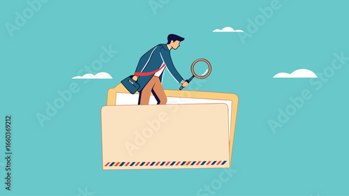 Document, search or file archive, office contract concept, research papers or documentation files, company documents archive, businessman looking for files in a document file using a magnifying glass

