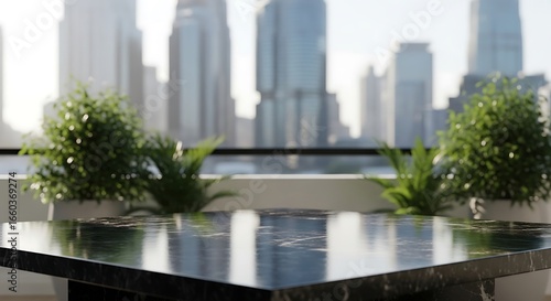 A serene balcony with potted plants and a reflective table overlooking a blurred city skyline