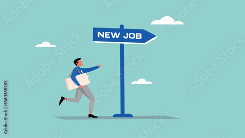 new job illustration with the concept of a businessman who is very happy towards his new job, change to new job, recruitment concept, career or opportunity, new challenge to success concept design
