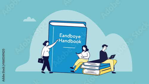 employee handbook, procedure book or company rules, company introduction guidebook for new employees, business manual to success, male and female employees read and understand the employee handbook
