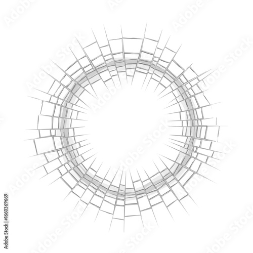 Broken glass hole round texture isolated on white or transparent background, vector illustration. Shattered window crack circular shape, destruction effect for danger, crash or explosion design.