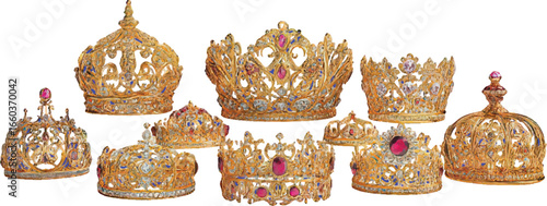 Collection of nine ornate gold crowns with various gemstones on a white background tiara