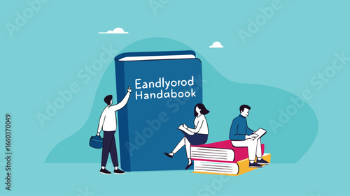employee handbook, procedure book or company rules, company introduction guidebook for new employees, business manual to success, male and female employees read and understand the employee handbook
