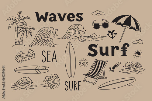 Hand drawn surf and beach elements with palm trees and waves