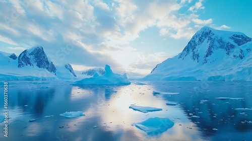 Wallpaper Mural Icy blue icebergs floating in calm water with snow-capped mountains Keywords: antarctic, photo Torontodigital.ca